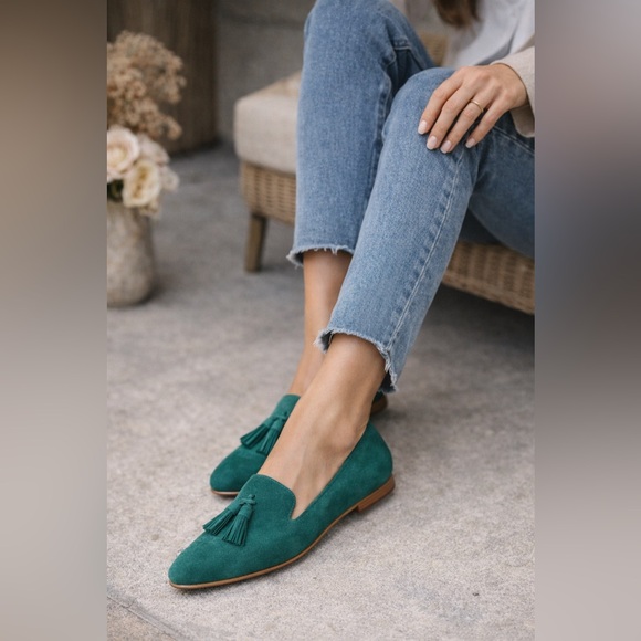 J. Crew Shoes - J.Crew Tassel Smoking Loafers Deep Emerald Green Suede Size 7.5